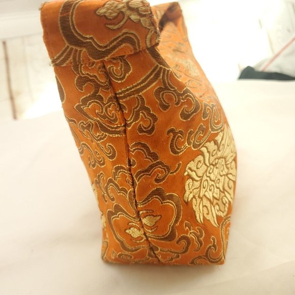 Womens Orange Brocade Inner Pockets Single Handle Lined Zipper Mini Handbag - Picture 3 of 13
